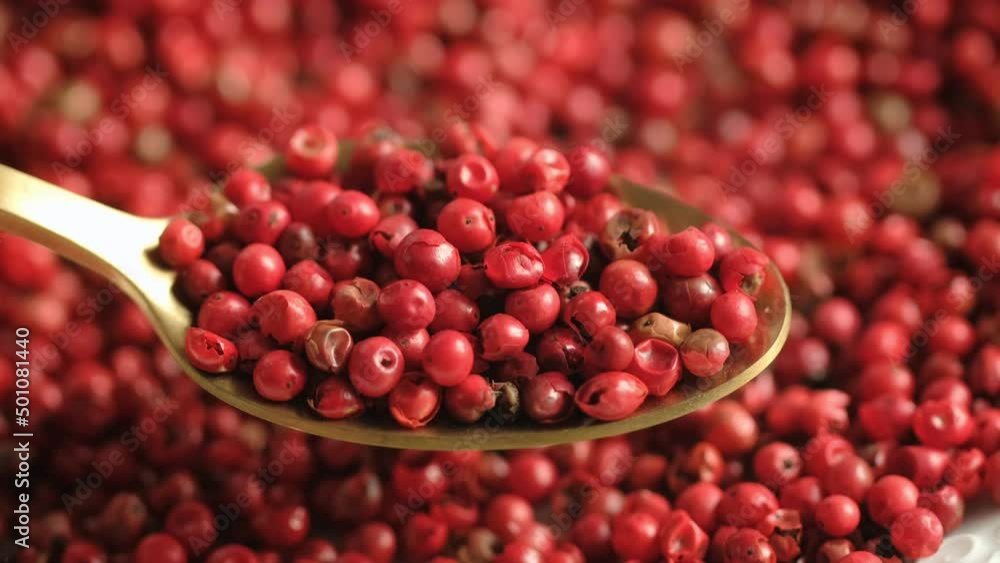 pink pepper in golden spoon and peppercorn on background. Flavorful and aromatic pink pepper. 4K UHD video pink pepper in golden spoon and peppercorn on background. Flavorful and aromatic pink pepper. 4K UHD video