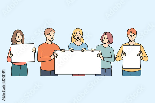 Diverse people protesters with mockup placards on manifestation or protest. Men and women activists with banners or signs on street demonstration or revolution. Vector illustration. 