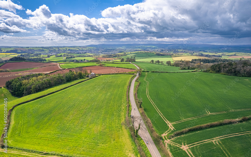 Fields and Farmlands over English Village, Berry Pomeroy, Devon, England, Europe