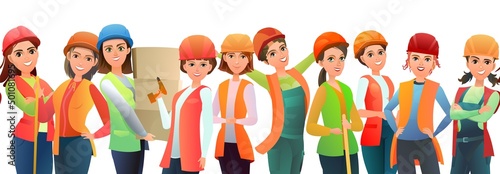Women builder in vest and protective helmet. worker. Cheerful person. Standing pose. Cartoon comic style flat design. Single character. Illustration isolated on white background. Vector