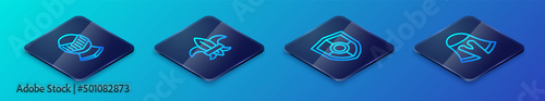 Set Isometric line Shield, Medieval helmet, and Fleur de lys or lily flower icon. Vector