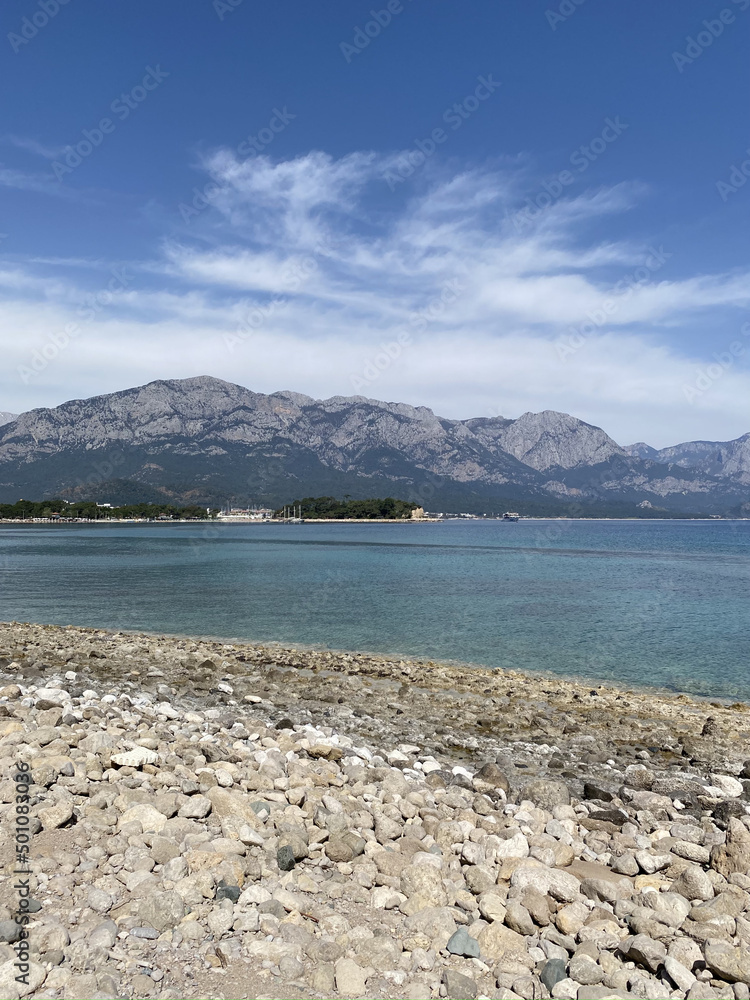 The coast of Mediterranean sea in Kemer, seaside resort and district of Antalya Province on the Mediterranean coast of Turkey