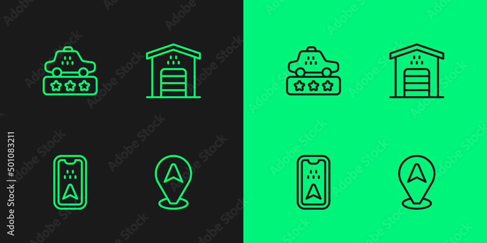 Set line Location taxi car, Infographic of city map, Taxi service rating and Garage for icon. Vector Set line Location taxi car, Infographic of city map, Taxi service rating and Garage for icon. Vector