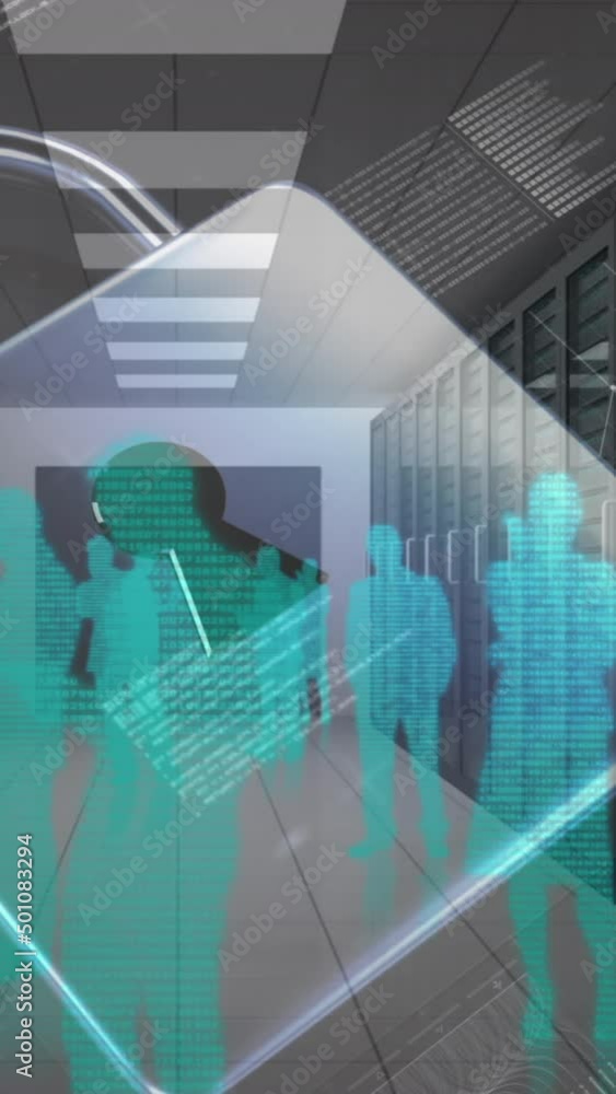 Animation of data processing and padlock icon over server room Animation of data processing and padlock icon over server room