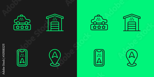 Set line Location taxi car, Infographic of city map, Taxi service rating and Garage for icon. Vector