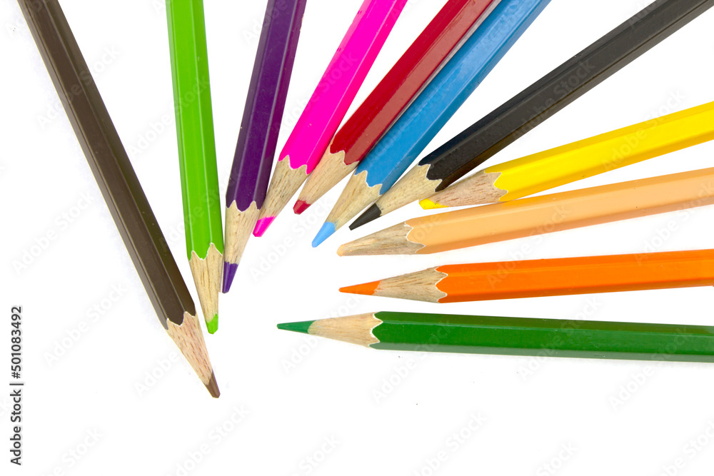 colored pencils for children on a white background