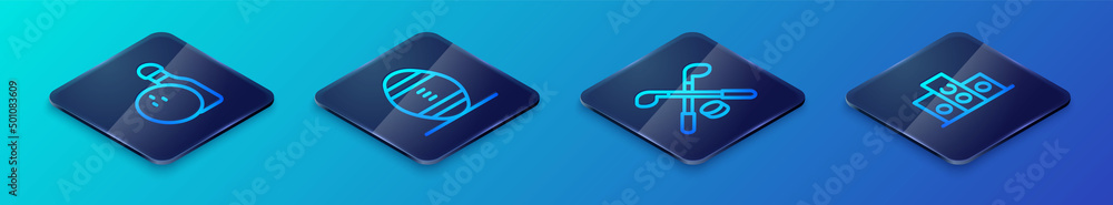Set Isometric line Ice hockey sticks and puck, Bowling pin ball, Award over sports winner podium and American Football icon. Vector Set Isometric line Ice hockey sticks and puck, Bowling pin ball, Award over sports winner podium and American Football icon. Vector