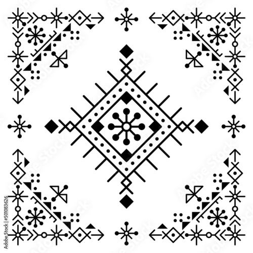 Nordic tribal line vector square pattern, geometric design in frame inspired by Icelandic rune art

