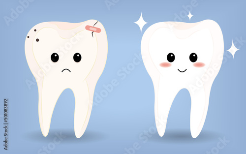 Happy cute smiling healthy and sad sick teeth. Mouth hygiene and toothache. Vector modern style cartoon character illustration icon design