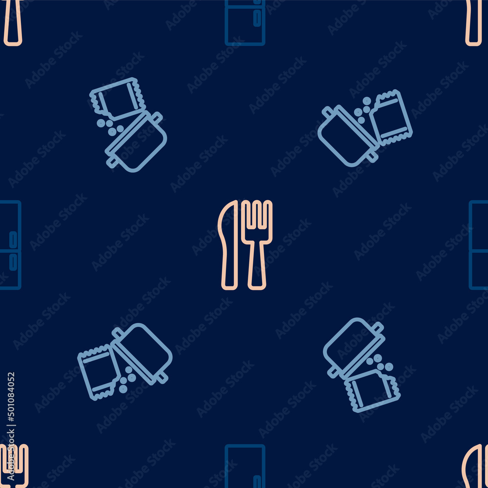 Set line Refrigerator, Cooking pot and spice and Crossed knife fork on seamless pattern. Vector Set line Refrigerator, Cooking pot and spice and Crossed knife fork on seamless pattern. Vector