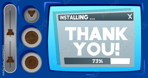 Cartoon Computer With the words Thank You! Message of a screen displaying an installation window.