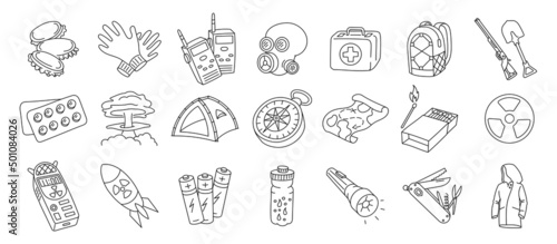 Post apocalypse set. Nuclear war survival kit. Editable outline stroke. Line icon.