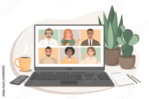 Online meeting via video conference. Group of people talking by internet, web chatting. Vector illustration.