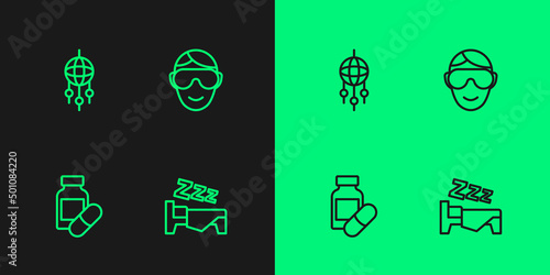 Set line Time to sleep, Sleeping pill, Dream catcher with feathers and Eye mask icon. Vector