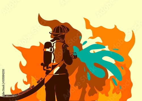 International firefighters day concept. Firefighter silhouette vector illustration, as a banner, poster or template for international firefighters day with lettering, fire and flames.