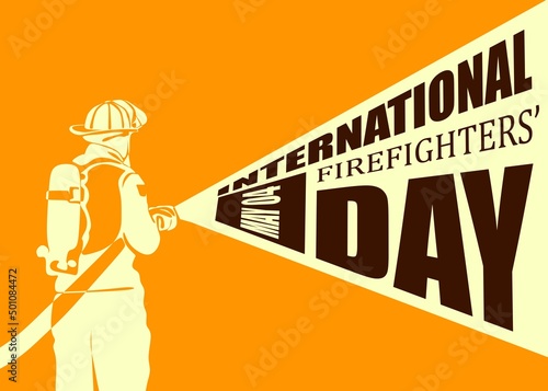 International firefighters day concept. Firefighter silhouette vector illustration, as a banner, poster or template for international firefighters day with lettering, fire and flames.