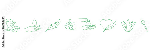 natural ingredients, essential oil, sensitive skin, cosmetic cream, aloe Vera gel, oil dropper icon set vector illustration 
