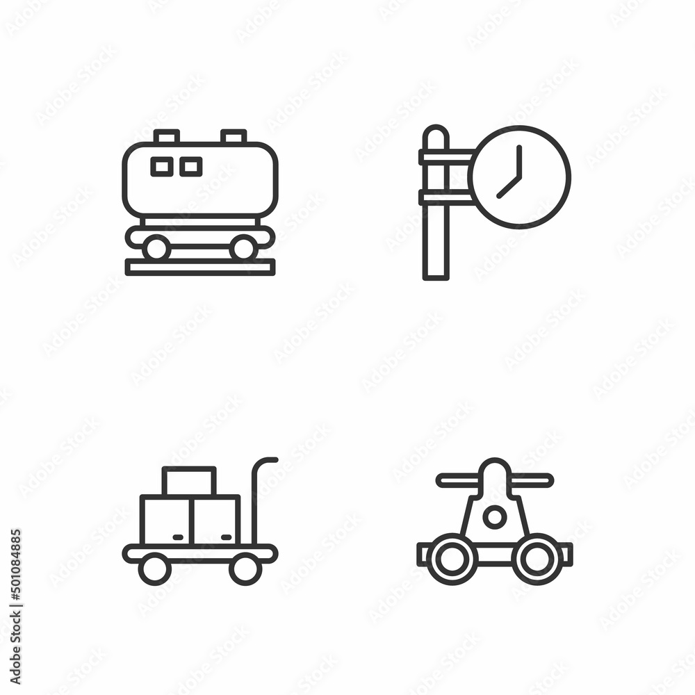 Set line Handcar transportation, Trolley suitcase, Oil railway cistern and Train station clock icon. Vector Set line Handcar transportation, Trolley suitcase, Oil railway cistern and Train station clock icon. Vector
