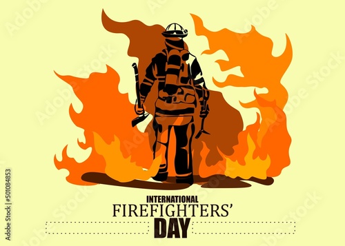 International firefighters day concept. Firefighter silhouette vector illustration, as a banner, poster or template for international firefighters day with lettering, fire and flames.