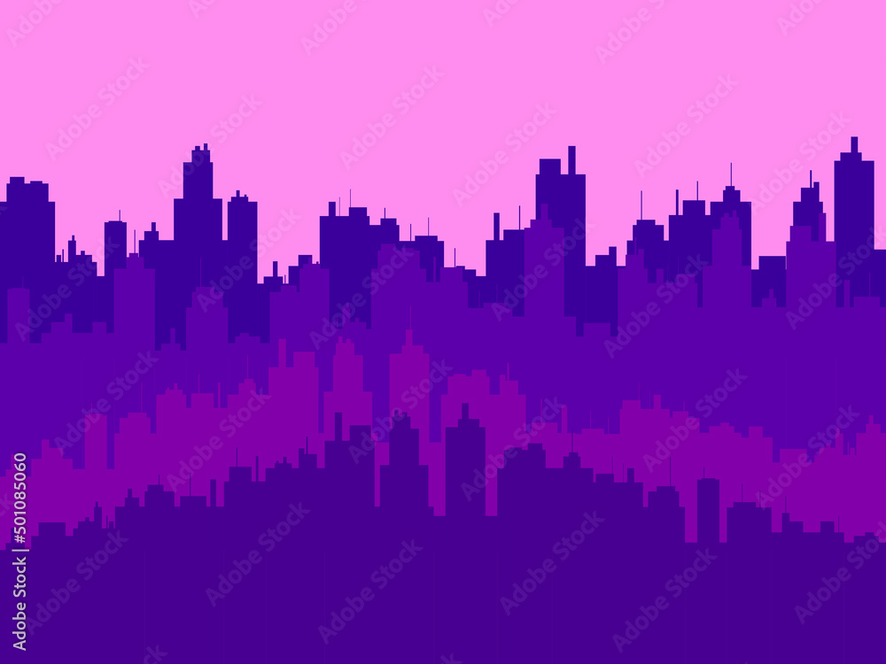 Night cityscape with skyscrapers. Panorama of the big city. Contours of construction. City skyline for print, posters and promotional materials. Vector illustration