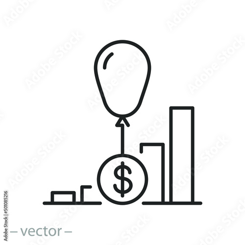 rise price icon, growth inflation, increase cost, thin line symbol on white background - editable stroke vector illustration