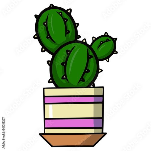 Round green prickly cactus in striped pot, vector illustration