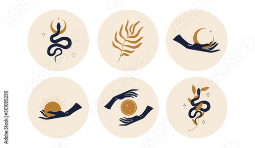 Sacred icons depicting the moon, sun and snakes in circles. Vector illustration. Set of icons and emblems for social media news covers. Design Templates for a Yoga Studio and an Astrologer Blogger