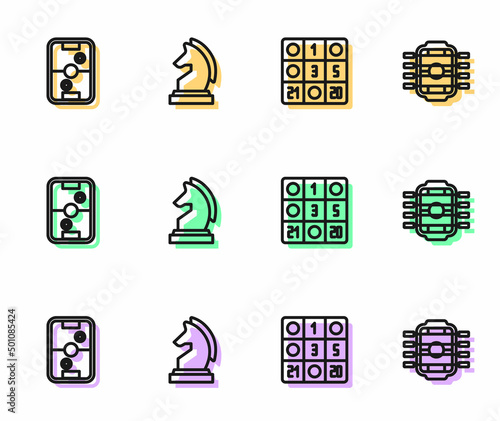 Set line Bingo card, Air hockey table, Chess and Table football icon. Vector