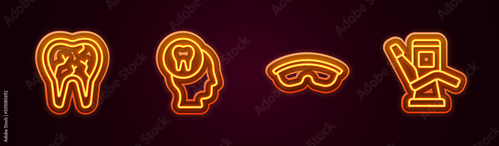 Set line Broken tooth, Toothache, Safety goggle glasses and Medical dental chair. Glowing neon icon. Vector Set line Broken tooth, Toothache, Safety goggle glasses and Medical dental chair. Glowing neon icon. Vector