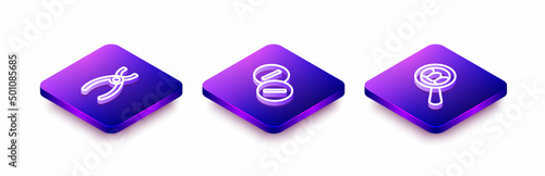Set Isometric line Dental pliers, Toothache painkiller tablet and search icon. Vector