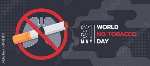 world no tobacco day - cigarettes with smoked cross lung sign in red circle stop symbol on abstract dark dot texture background vector design