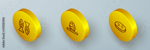 Set Isometric line Served fish on a plate, Chinese tea egg and Homemade pie icon. Vector
