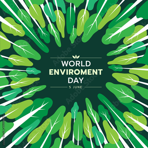 world environment day - rotary green trees forest around frame and text in center on dark green background vector design