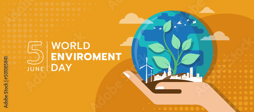 world environment day - hands hold tree sapling and circle globe on earth with city building on yellow orange background vector design