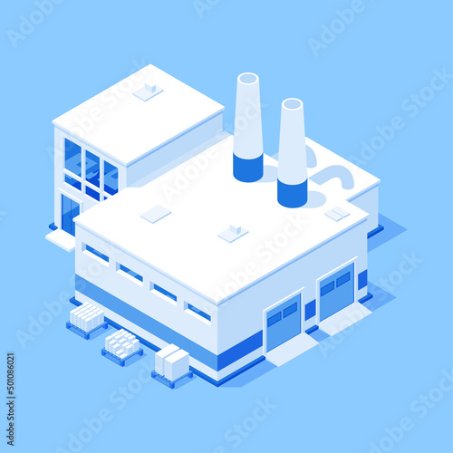 Plant production building with warehouse industrial factory exterior isometric vector illustration. Chemical manufacture storehouse product storage distribution depot hangar construction isolated