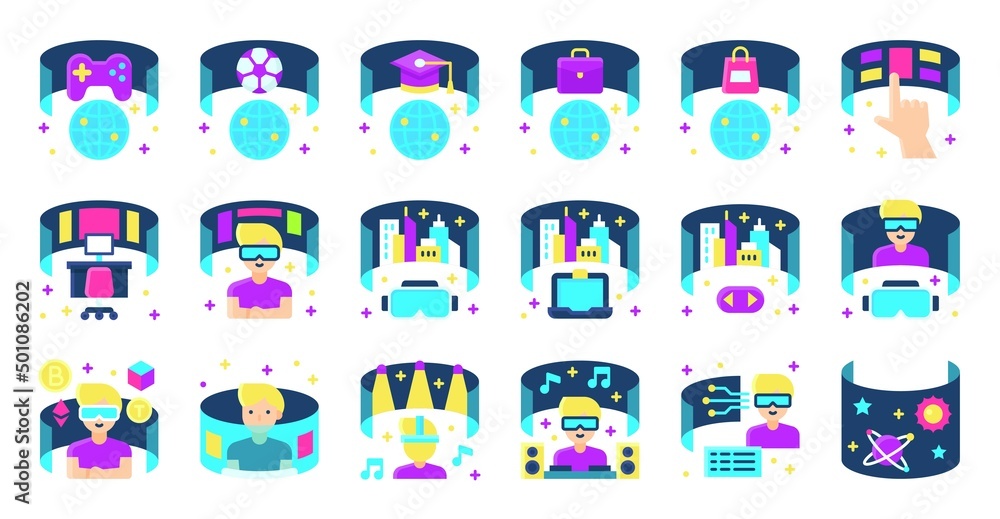 Metaverse related vector icon set, flat style Metaverse related vector icon set, flat style