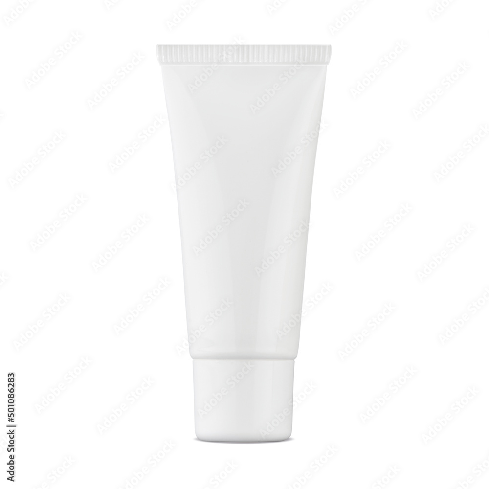 A white plastic tube with cosmetics. Cosmetic tube. Clean, economical packaging for a variety of creams and gels. The image is isolated on a white background. A white plastic tube with cosmetics. Cosmetic tube. Clean, economical packaging for a variety of creams and gels. The image is isolated on a white background.