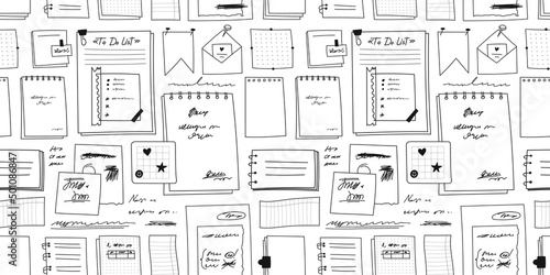 Horizontal seamless pattern of hand drawn paper notes on assorted paper. Sketch paper sheets of different sizes, paper torn from a notebook. Vector pattern of educational supplies on a white.