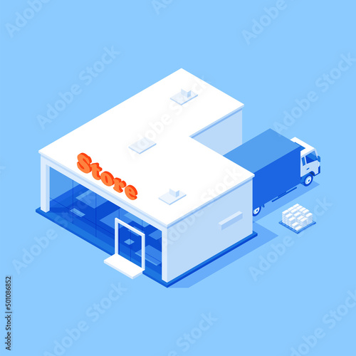 Goods shipment truck unloading at store supermarket transportation service isometric vector illustration. Grocery local hypermarket product courier cargo delivery commercial business network