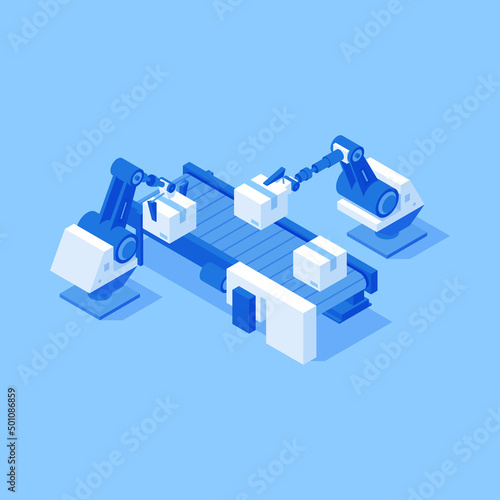 Automatic conveyor robotic hands carry cardboard box plant production isometric vector illustration. Engineering electronic control machinery factory manufacture robot arm operator industrial device