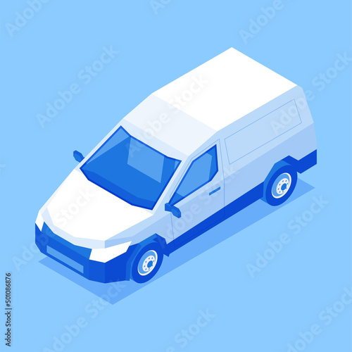 Logistic automobile with carcass container trunk for cargo goods transportation isometric vector illustration. Commercial van courier delivery vehicle with wheels. Industrial engine freight lorry