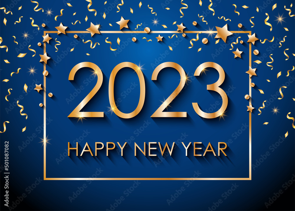 2023 Happy New Year golden text for greeting card, with gold glitter stars and confetti, calendar, invitation. Vector illustration.