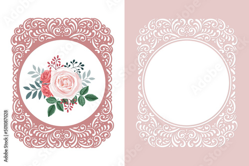 Laser cut oval lace frame template and stencil frame. Vintage background with roses, vector.