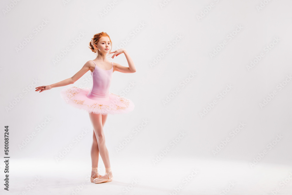Little ballerina dancer in a pink tutu academy student posing on a white background Little ballerina dancer in a pink tutu academy student posing on a white background