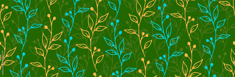 Fototapeta premium Berry bush twigs natural vector seamless background. Cute floral graphic design. Garden plants leaves and blossom wallpaper. Berry bush sprouts doodle repeating design