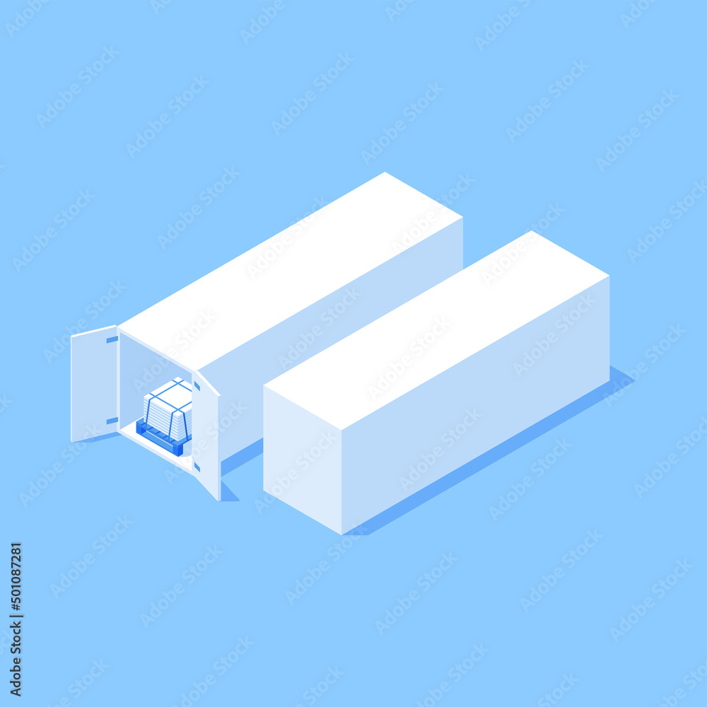 Two rectangle open and closed metallic logistic containers for cargo transportation isometric vector illustration. Construction wholesale supply wooden pallet pile of material delivery service Two rectangle open and closed metallic logistic containers for cargo transportation isometric vector illustration. Construction wholesale supply wooden pallet pile of material delivery service