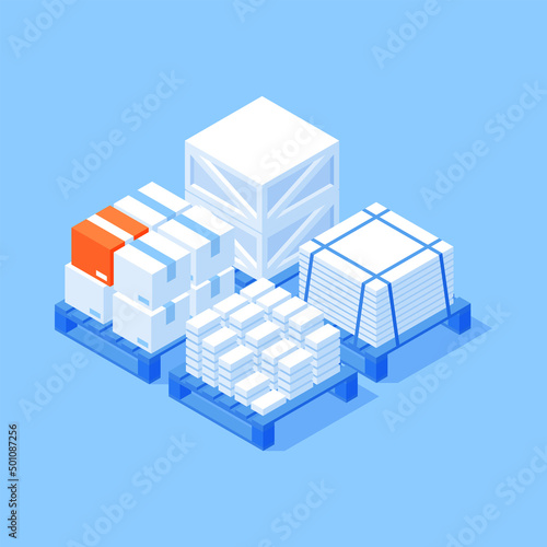Industrial cargo supply on wooden pallet for warehouse storage shipment loading logistic commercial service isometric vector illustration. Package box container distribution freight shipping