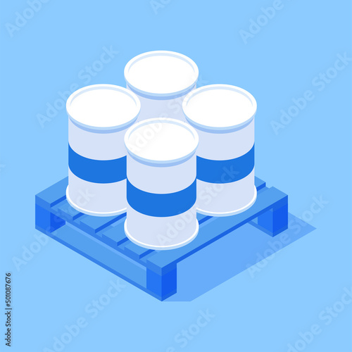 Many circle barrels transportation liquid chemical goods wooden pallet isometric vector illustration. Metallic recycle cistern container for fuel petroleum oil gallon storage at warehouse and shipment