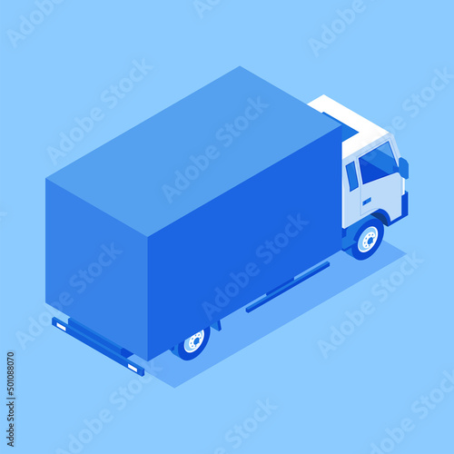Cargo van automobile with container back side view isometric vector illustration. Freight commercial business goods order courier express shipment transportation. Heavy logistic shipment distribution