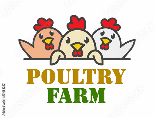 Logo template with cute curious chickens. Vector logo design template for raising chickens on a poultry farm.